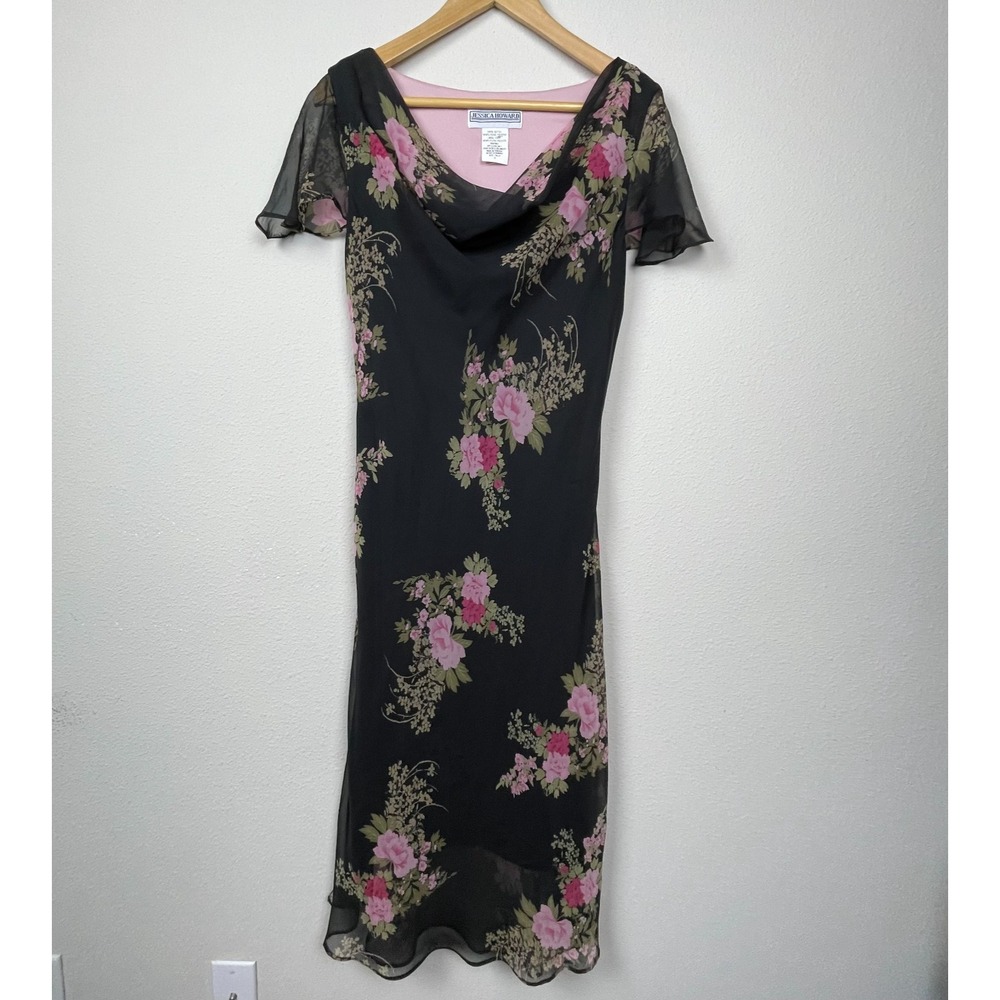 Jessica Howard Vintage Y2K Floral Dress Sz 12 Cowl Neck Midi Fairygoth